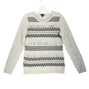 Talbots Sweater Womens XS Gray Lambswool Nordic Fair Isle Ruffle Crewneck